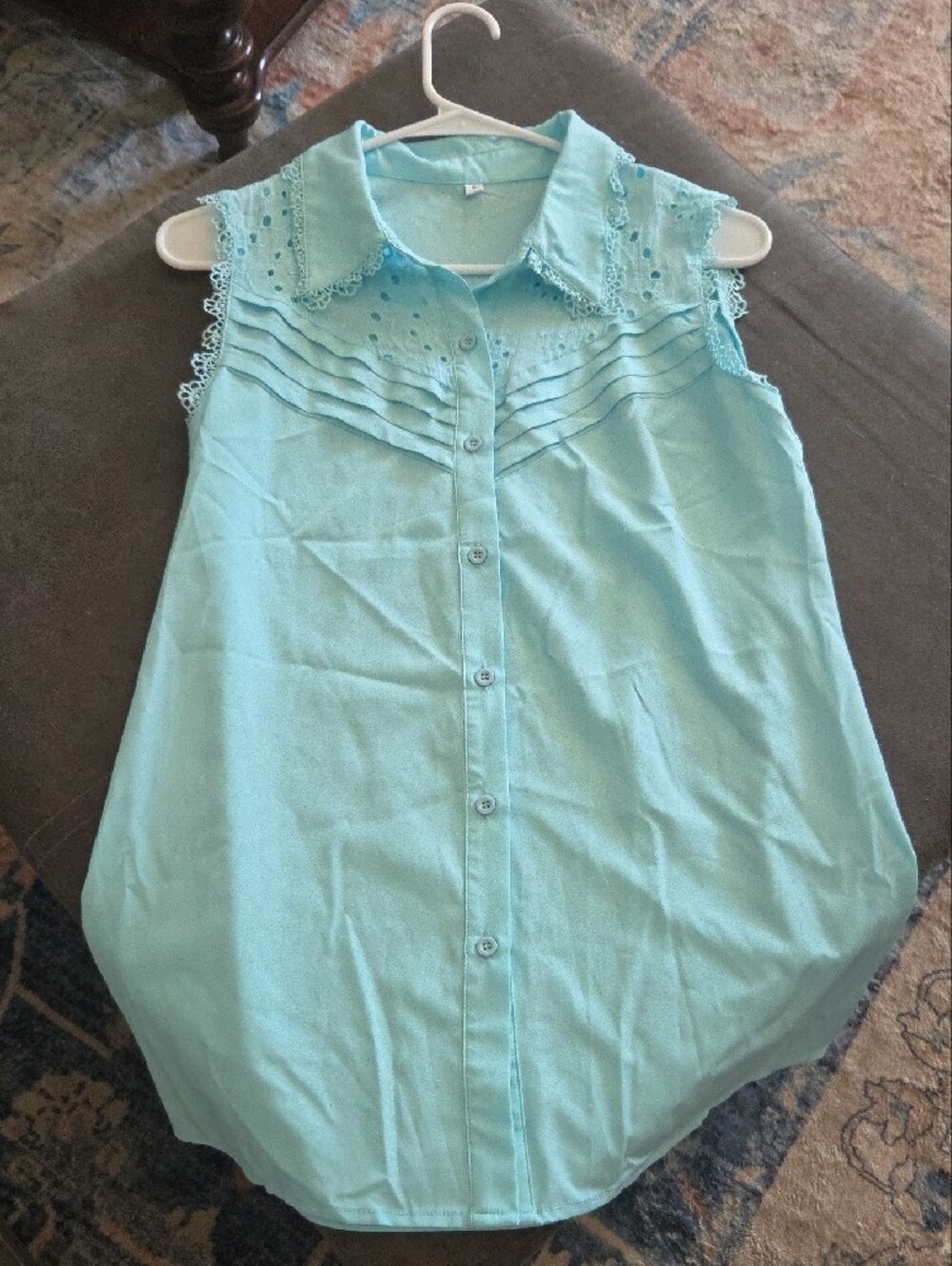 Sleeveless Eyelet Pintuck Button-Front Top - Light Blue